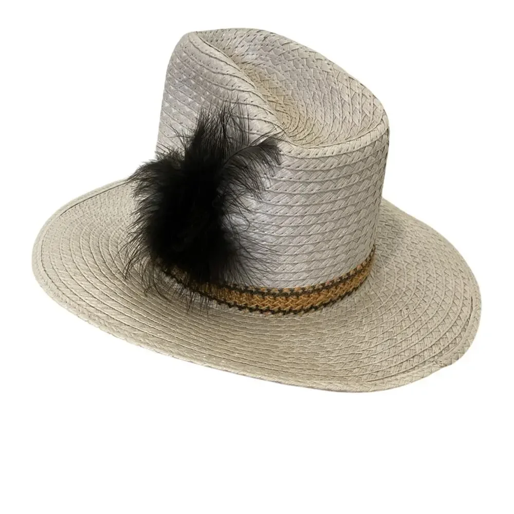 Western Straw Cowboy Hat Sz 6 7/8 Feather Hatband Country Ranch‎ Apache